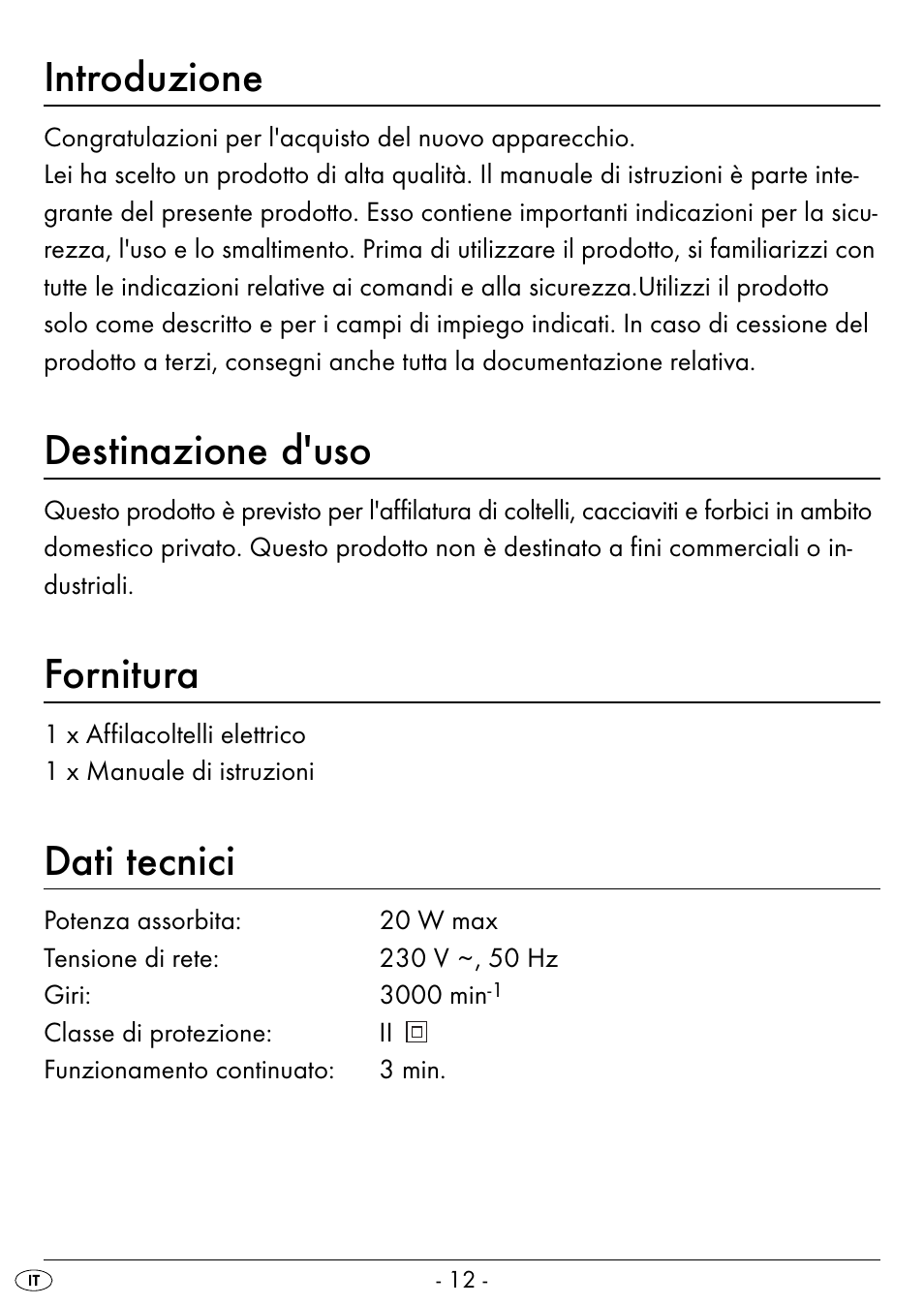 Introduzione, Destinazione d'uso, Fornitura | Dati tecnici | Silvercrest SEAS 20 A1 User Manual | Page 15 / 54