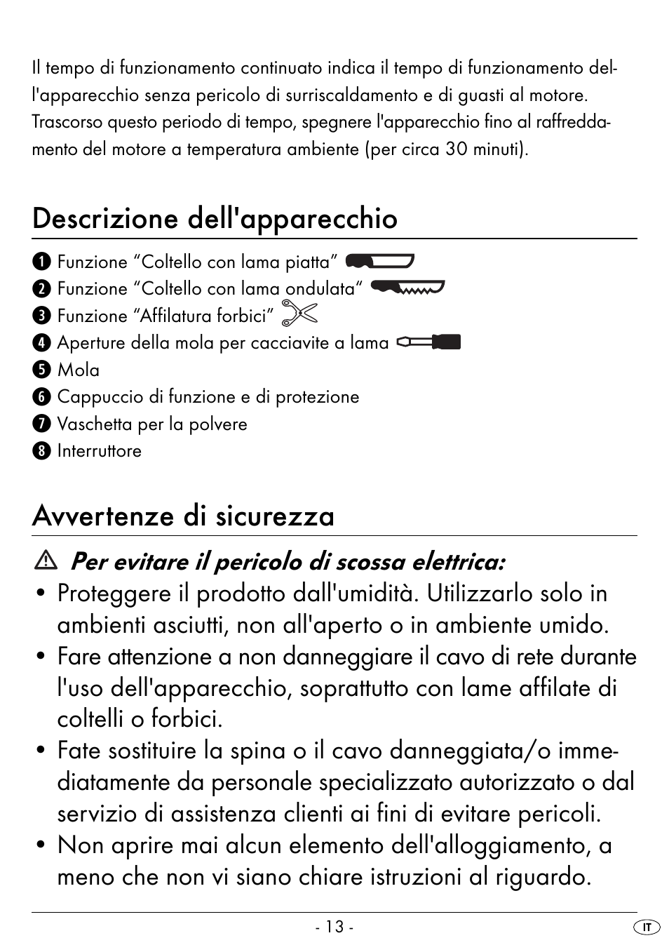 Descrizione dell'apparecchio, Avvertenze di sicurezza | Silvercrest SEAS 20 A1 User Manual | Page 16 / 54