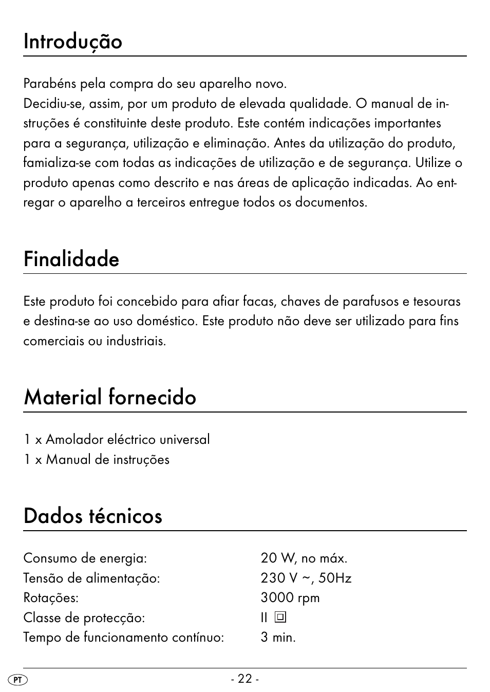 Introdução, Finalidade, Material fornecido | Dados técnicos | Silvercrest SEAS 20 A1 User Manual | Page 25 / 54