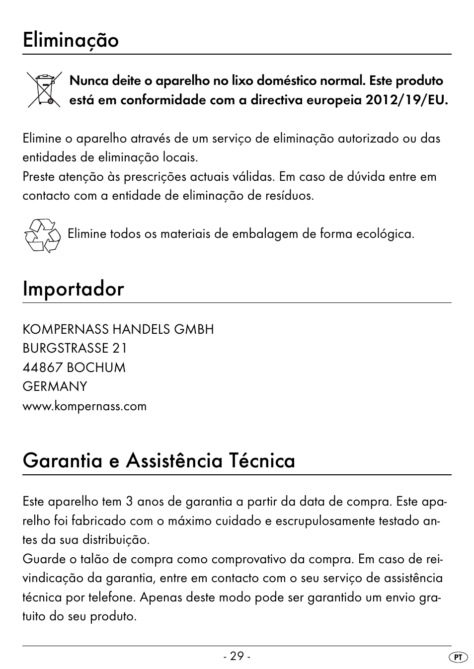 Eliminação, Importador, Garantia e assistência técnica | Silvercrest SEAS 20 A1 User Manual | Page 32 / 54