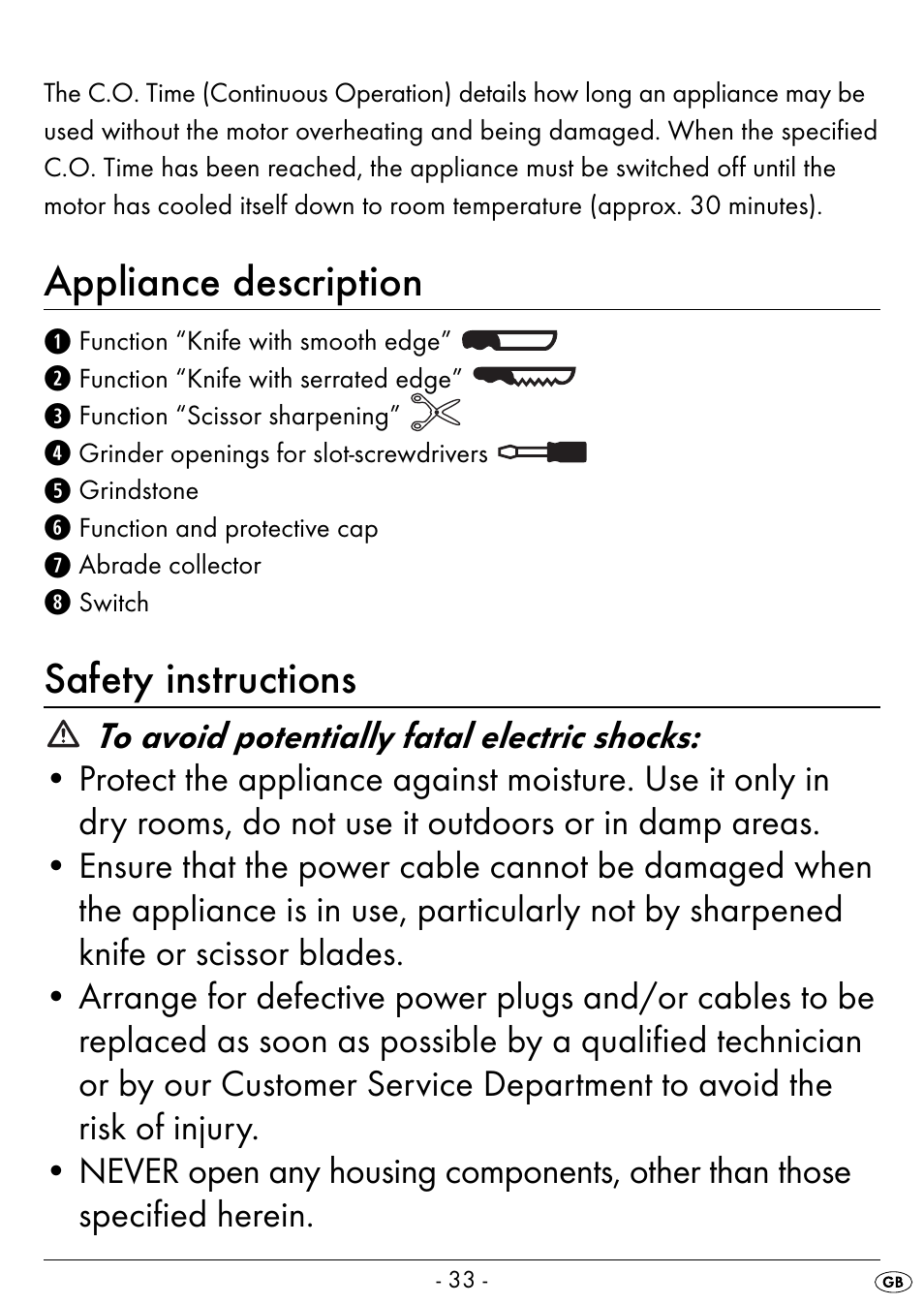 Appliance description, Safety instructions | Silvercrest SEAS 20 A1 User Manual | Page 36 / 54