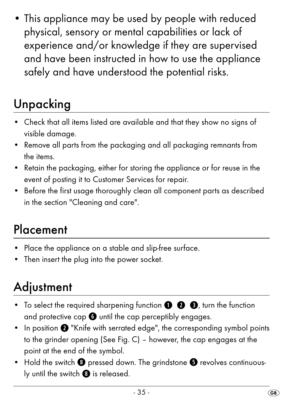 Unpacking, Placement, Adjustment | Silvercrest SEAS 20 A1 User Manual | Page 38 / 54