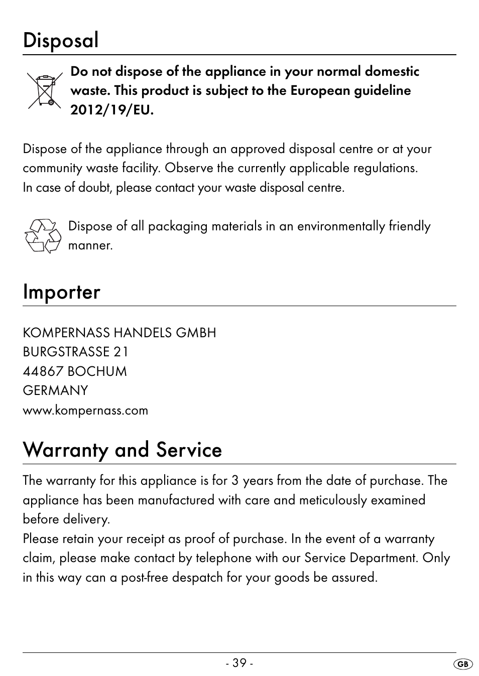 Disposal, Importer, Warranty and service | Silvercrest SEAS 20 A1 User Manual | Page 42 / 54