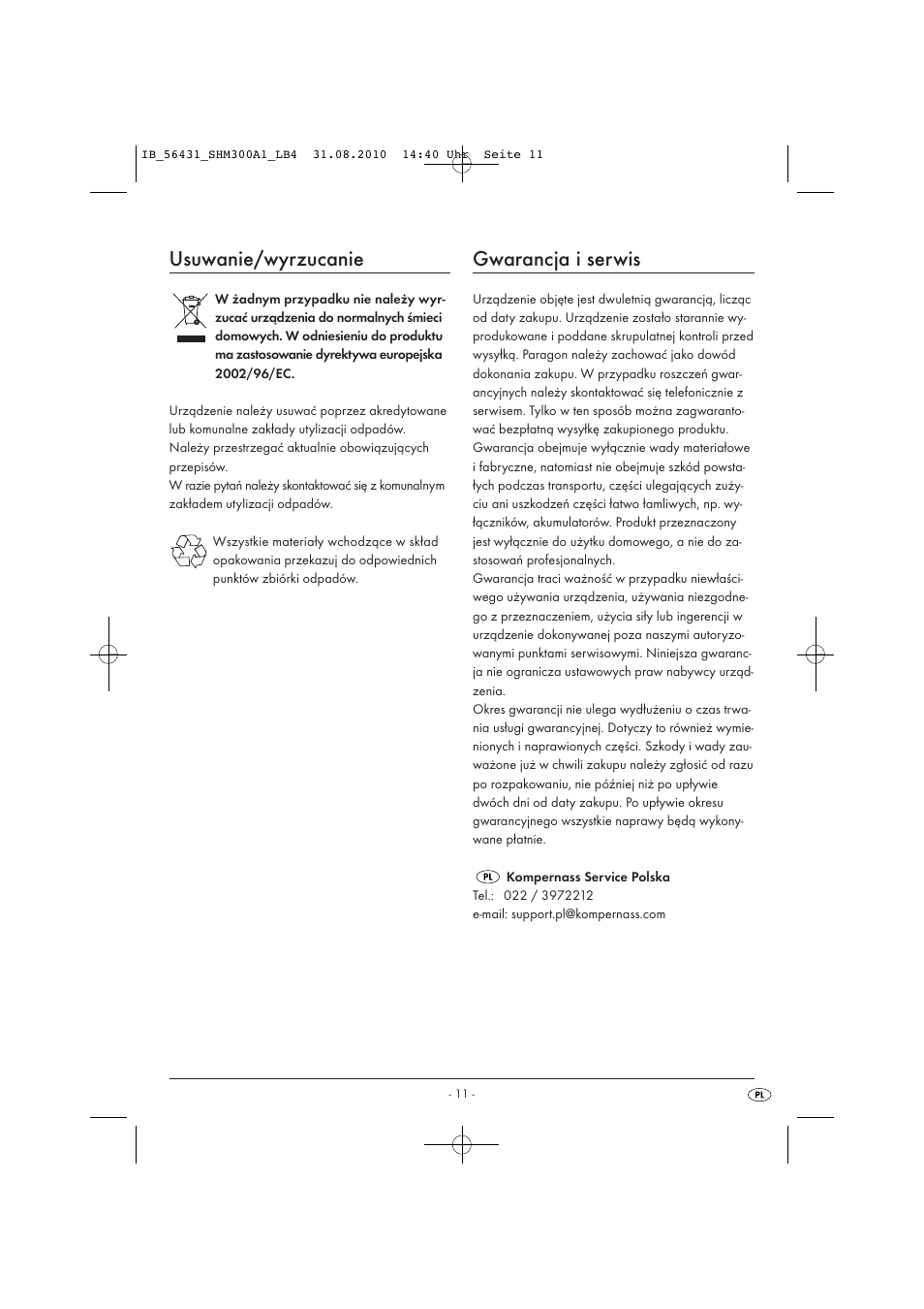 Usuwanie/wyrzucanie, Gwarancja i serwis | Silvercrest SHM 300 A1 User Manual | Page 13 / 43