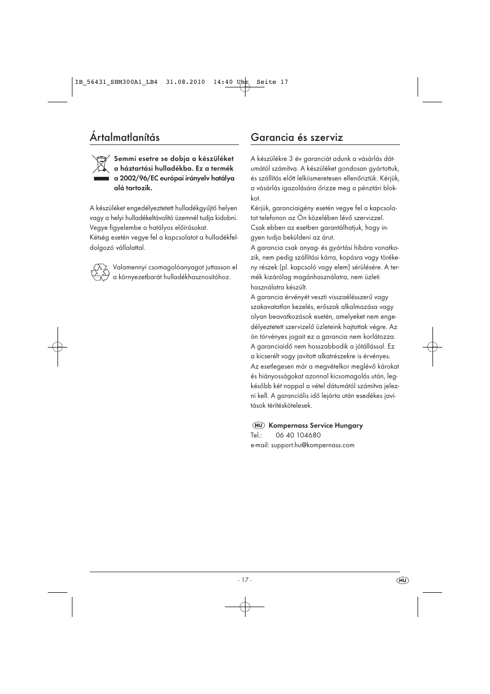 Ártalmatlanítás, Garancia és szerviz | Silvercrest SHM 300 A1 User Manual | Page 19 / 43