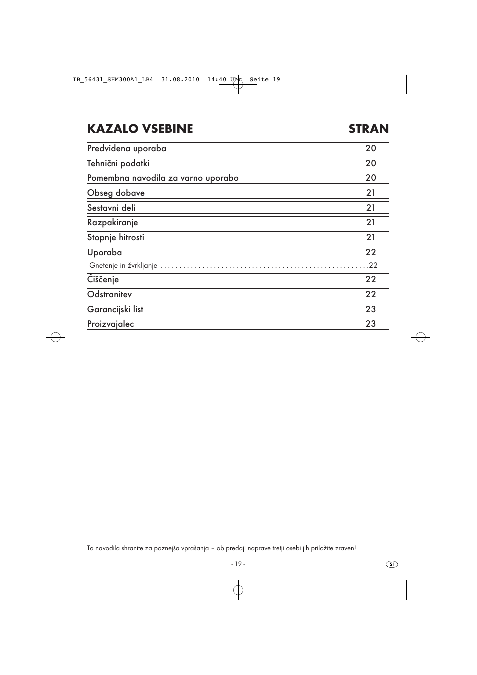 Kazalo vsebine stran | Silvercrest SHM 300 A1 User Manual | Page 21 / 43