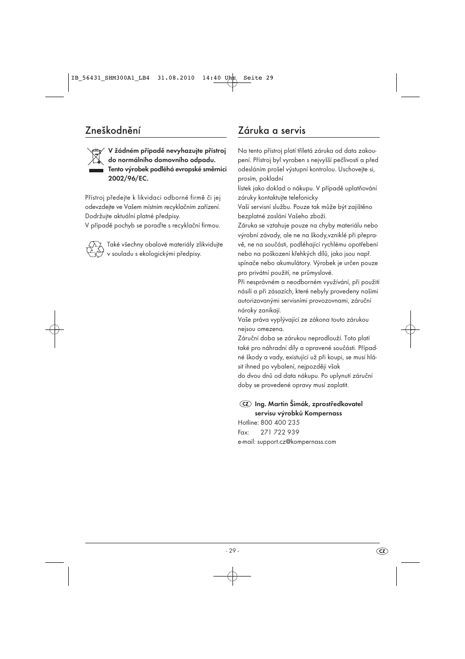 Zneškodnění, Záruka a servis | Silvercrest SHM 300 A1 User Manual | Page 31 / 43