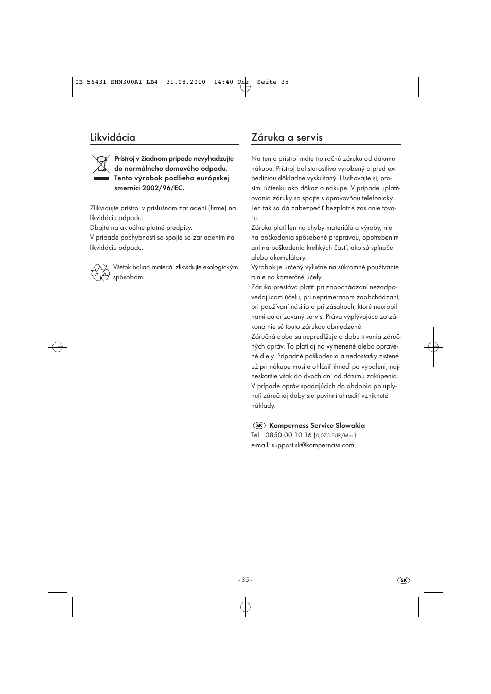 Likvidácia, Záruka a servis | Silvercrest SHM 300 A1 User Manual | Page 37 / 43