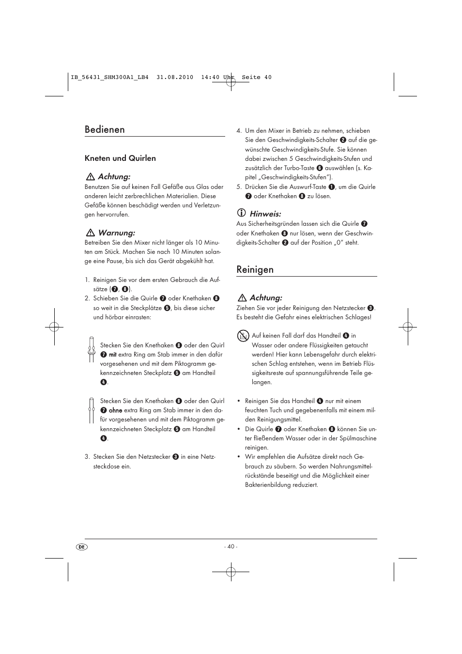 Bedienen, Reinigen, Achtung | Warnung, Hinweis | Silvercrest SHM 300 A1 User Manual | Page 42 / 43