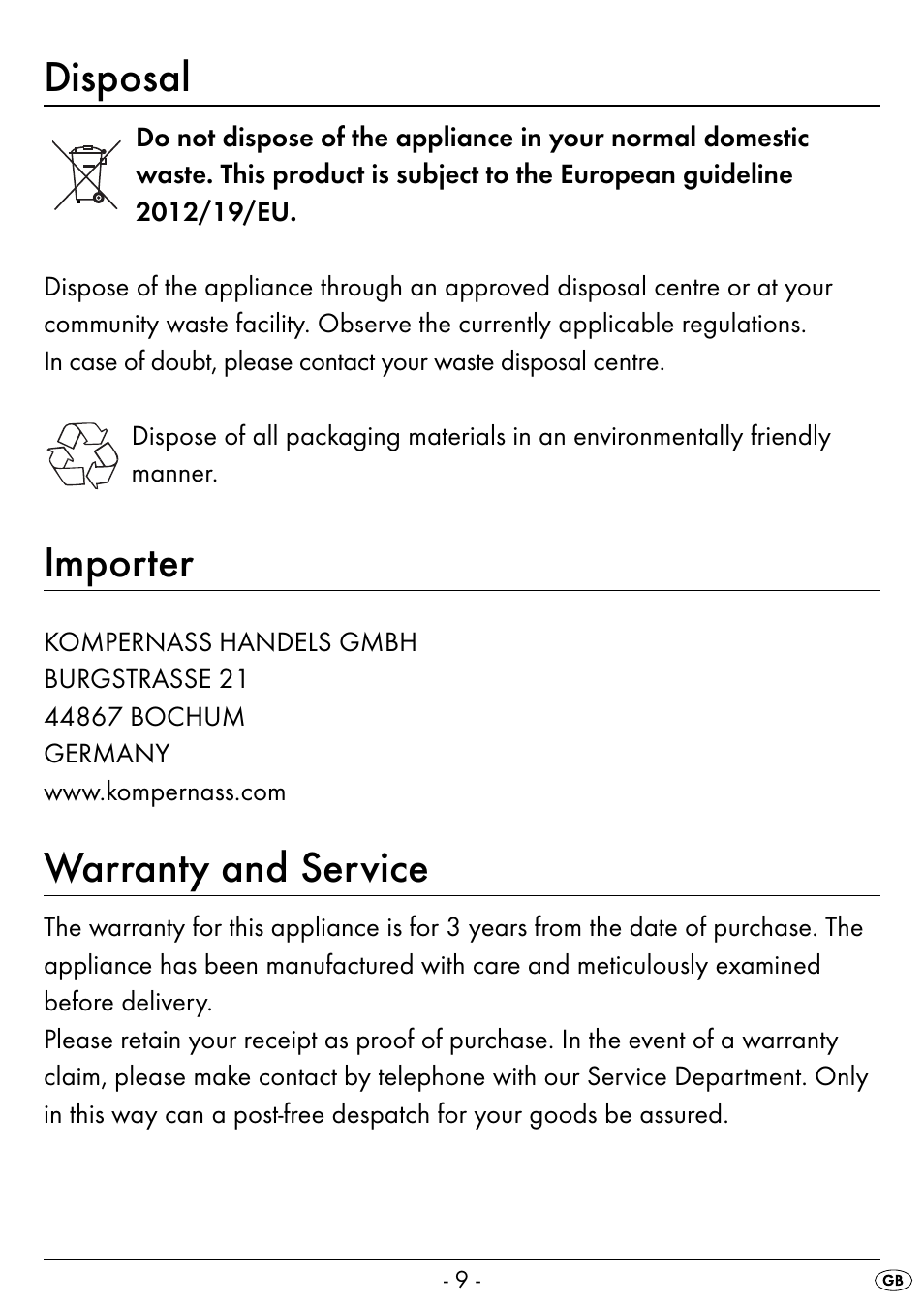 Disposal, Importer, Warranty and service | Silvercrest SEAS 20 A1 User Manual | Page 12 / 54