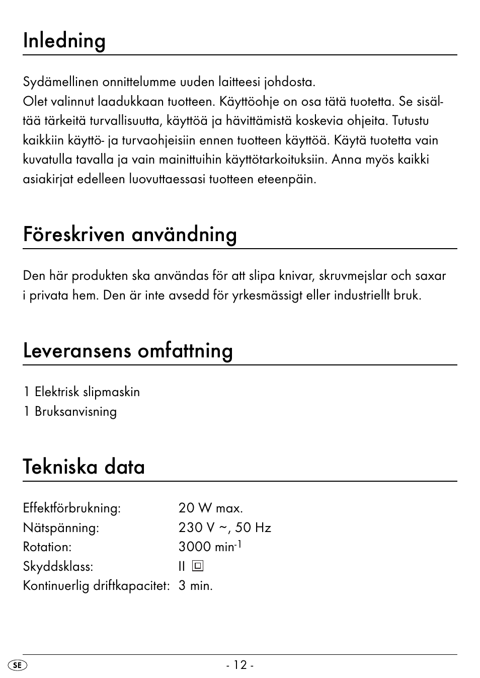 Inledning, Föreskriven användning, Leveransens omfattning | Tekniska data | Silvercrest SEAS 20 A1 User Manual | Page 15 / 54