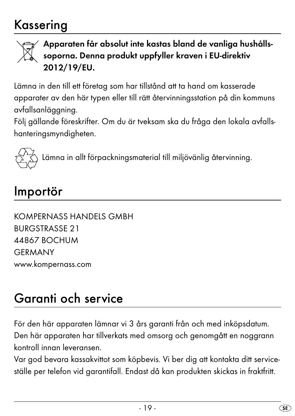 Kassering, Importör, Garanti och service | Silvercrest SEAS 20 A1 User Manual | Page 22 / 54