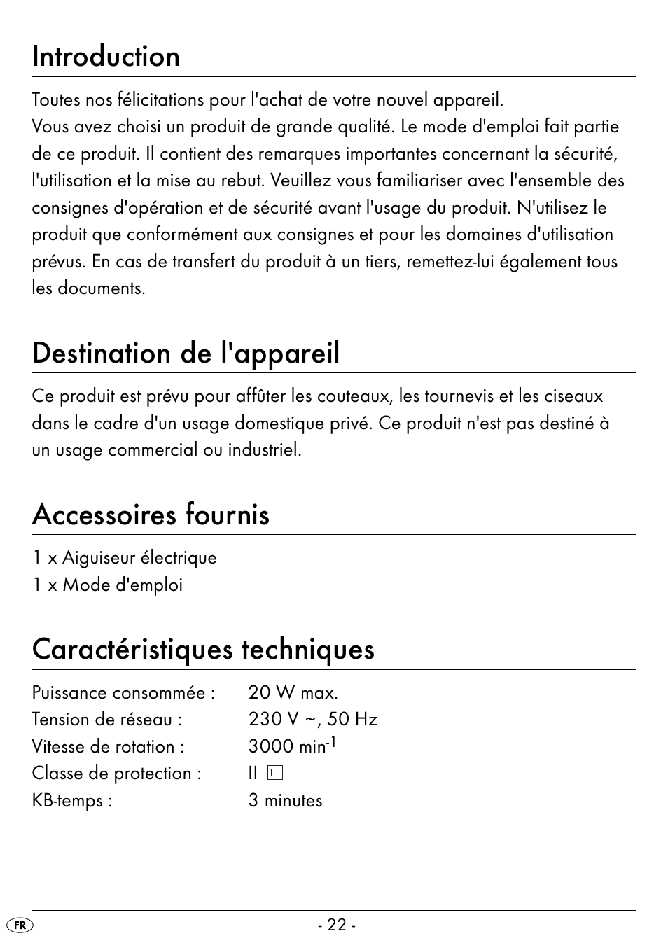 Introduction, Destination de l'appareil, Accessoires fournis | Caractéristiques techniques | Silvercrest SEAS 20 A1 User Manual | Page 25 / 54