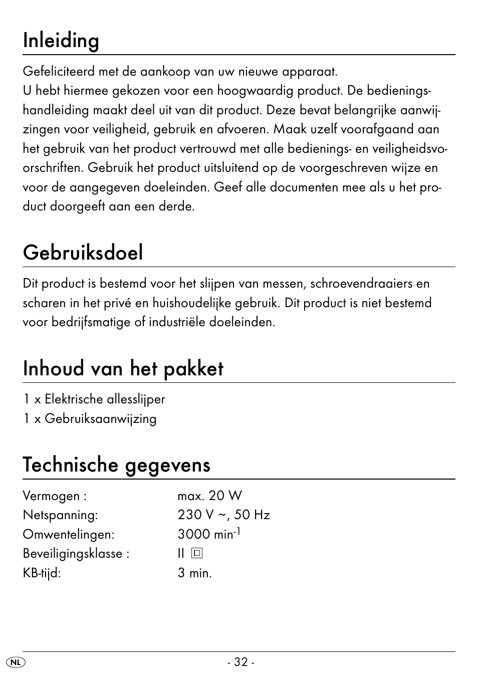 Inleiding, Gebruiksdoel, Inhoud van het pakket | Technische gegevens | Silvercrest SEAS 20 A1 User Manual | Page 35 / 54