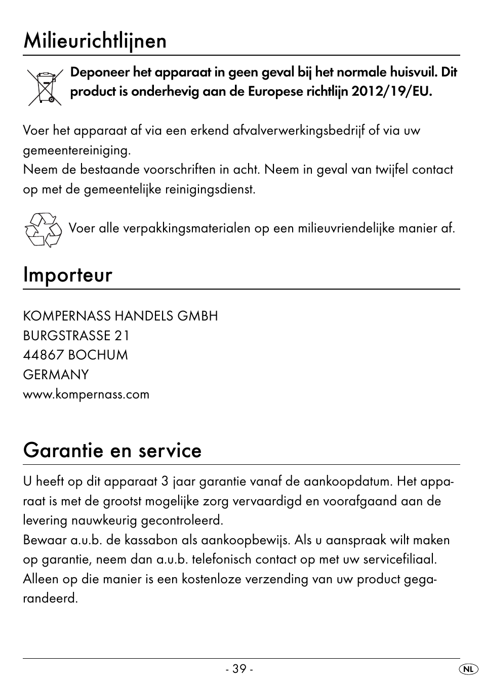 Milieurichtlijnen, Importeur, Garantie en service | Silvercrest SEAS 20 A1 User Manual | Page 42 / 54