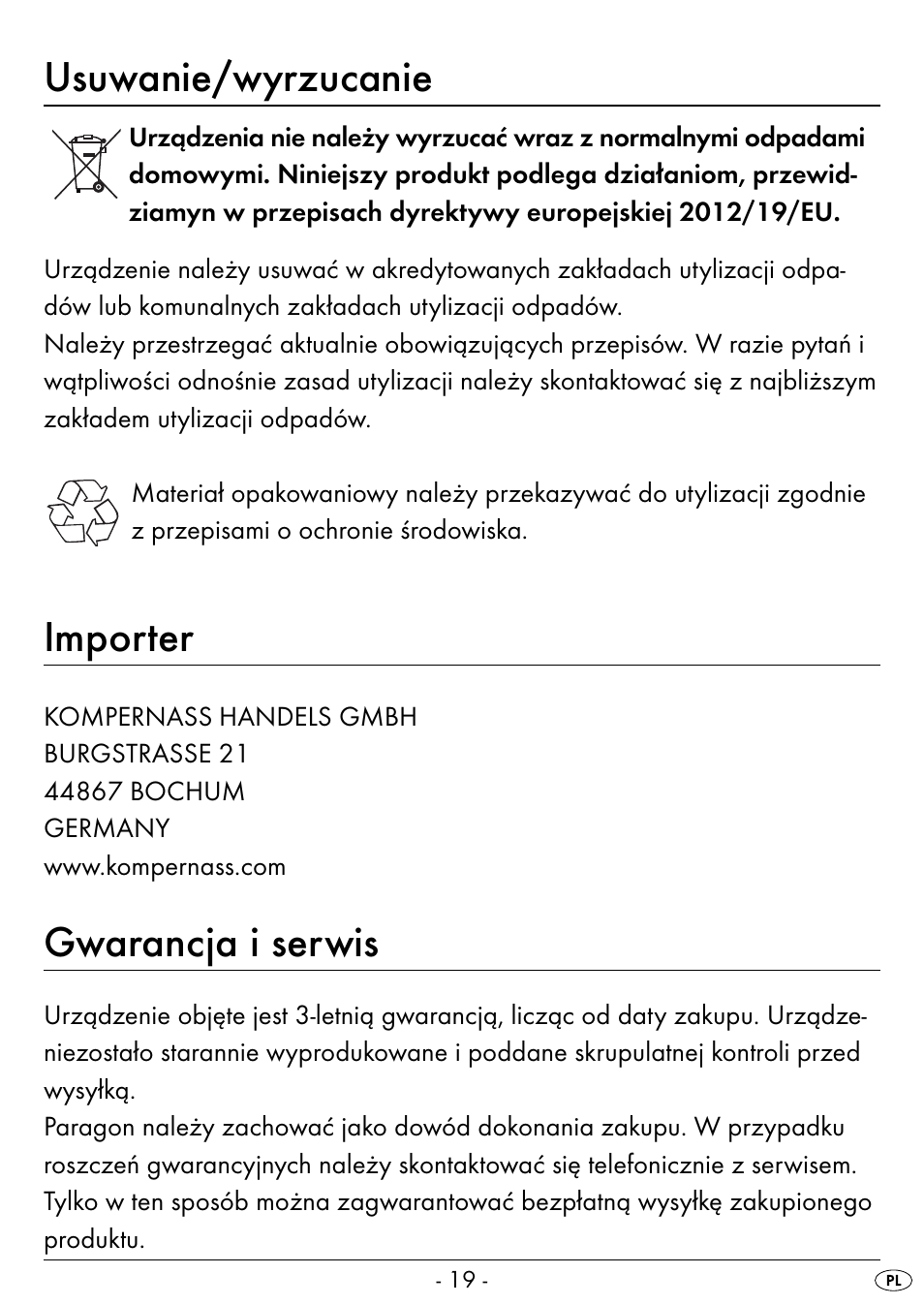 Usuwanie/wyrzucanie, Importer, Gwarancja i serwis | Silvercrest SEAS 20 A1 User Manual | Page 22 / 74