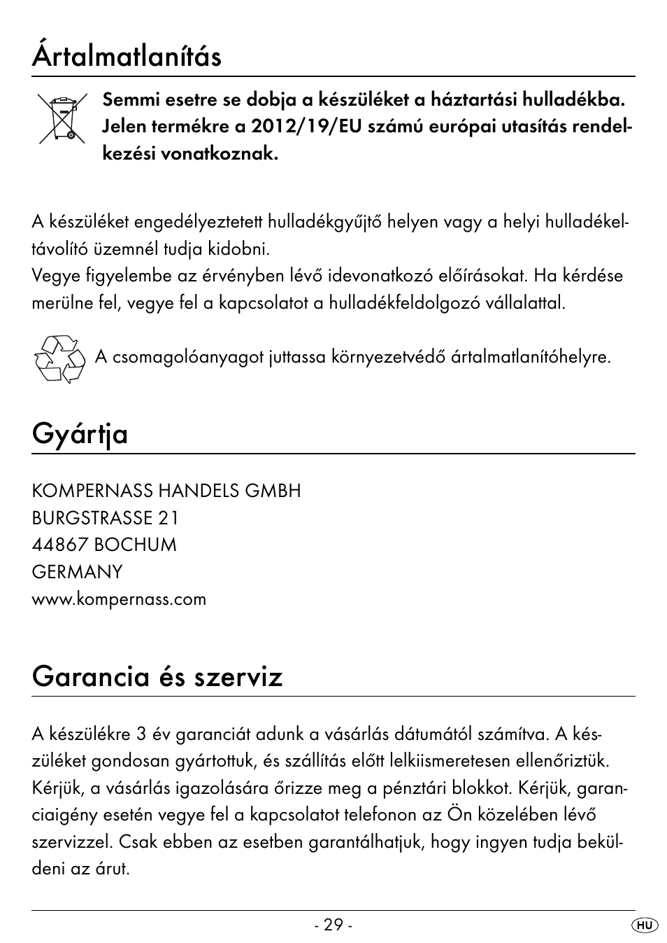 Ártalmatlanítás, Gyártja, Garancia és szerviz | Silvercrest SEAS 20 A1 User Manual | Page 32 / 74