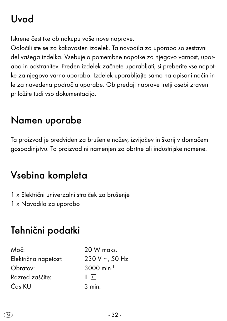 Uvod, Namen uporabe, Vsebina kompleta | Tehnični podatki | Silvercrest SEAS 20 A1 User Manual | Page 35 / 74