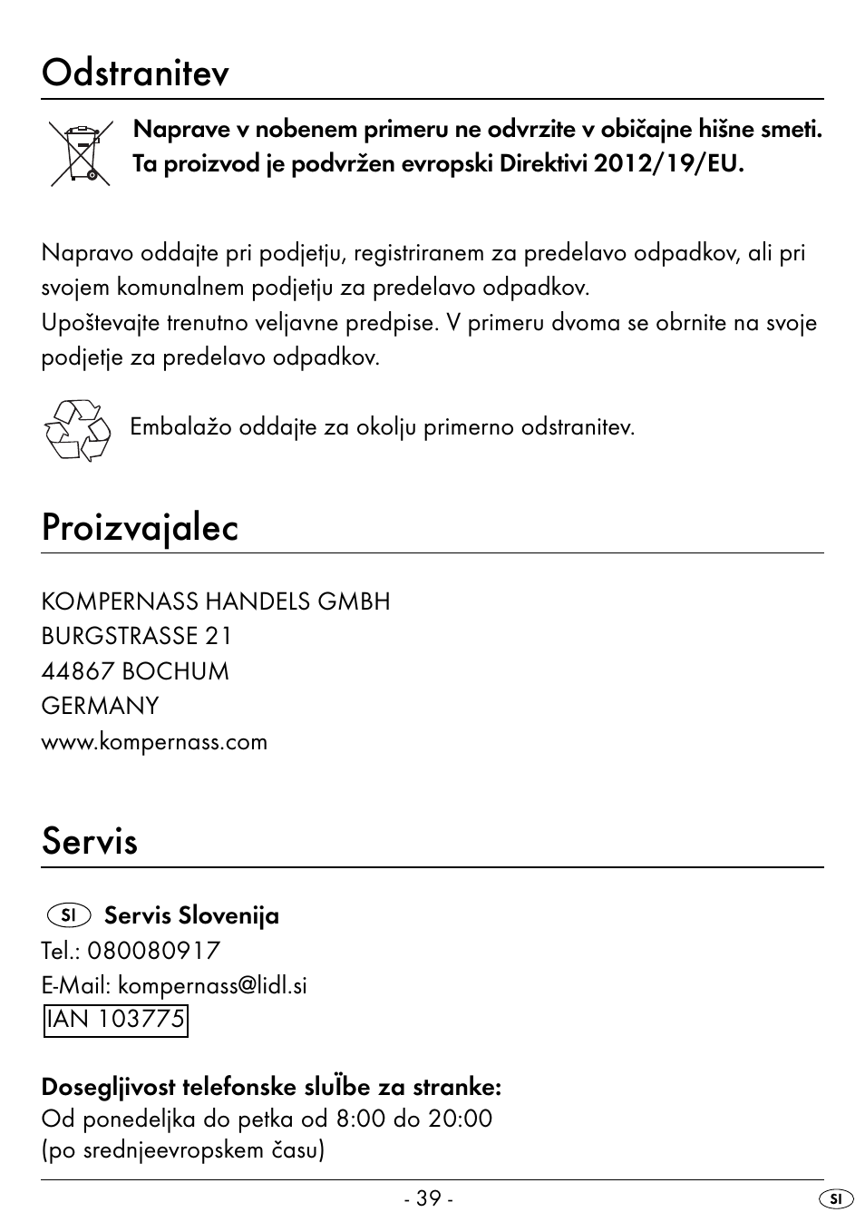 Odstranitev, Proizvajalec, Servis | Silvercrest SEAS 20 A1 User Manual | Page 42 / 74