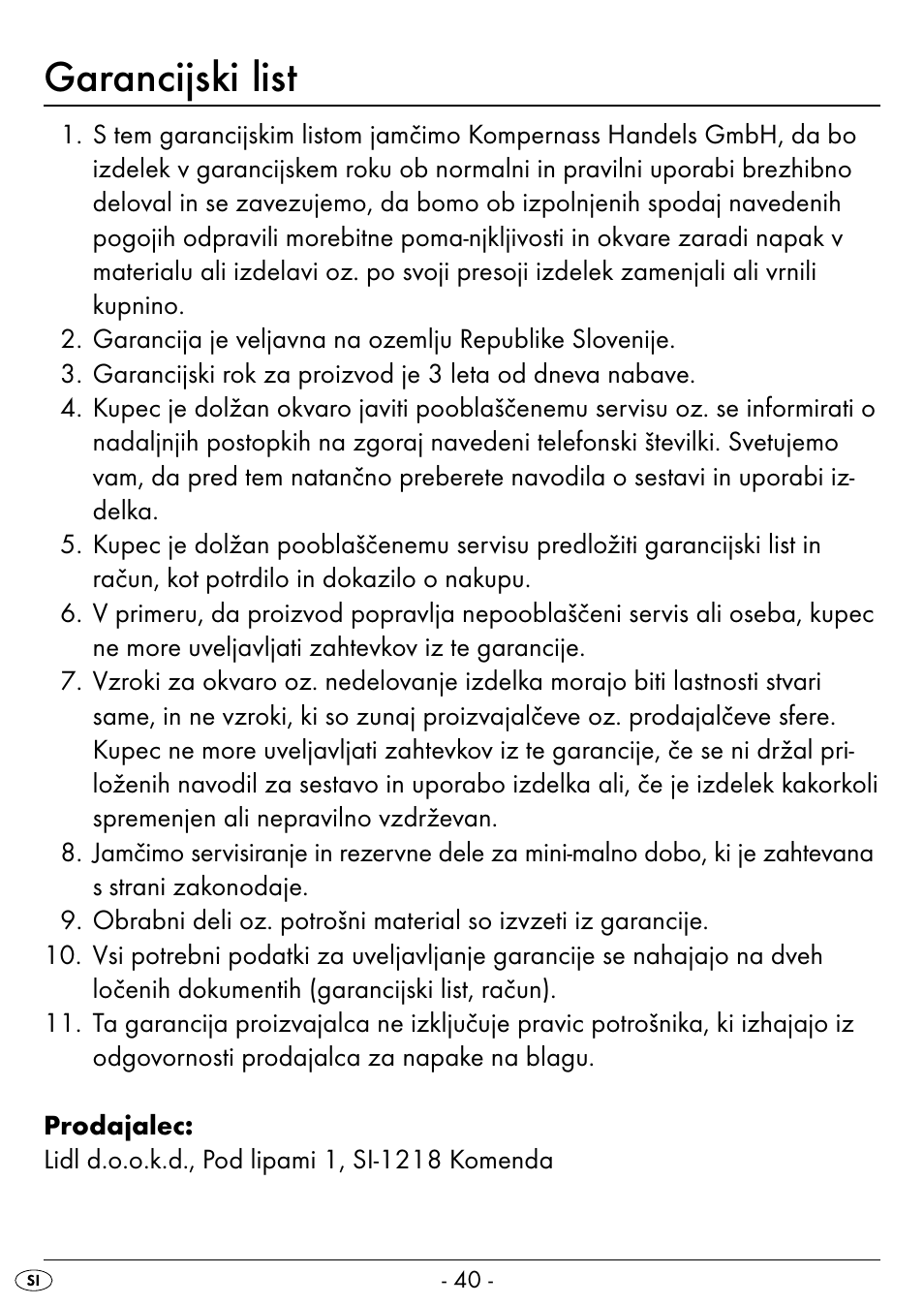 Garancijski list | Silvercrest SEAS 20 A1 User Manual | Page 43 / 74