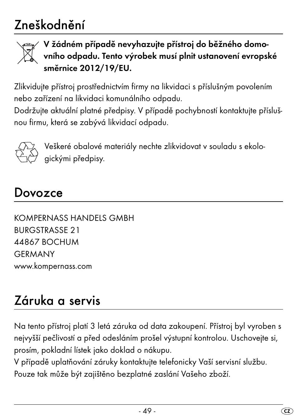 Zneškodnění, Dovozce, Záruka a servis | Silvercrest SEAS 20 A1 User Manual | Page 52 / 74