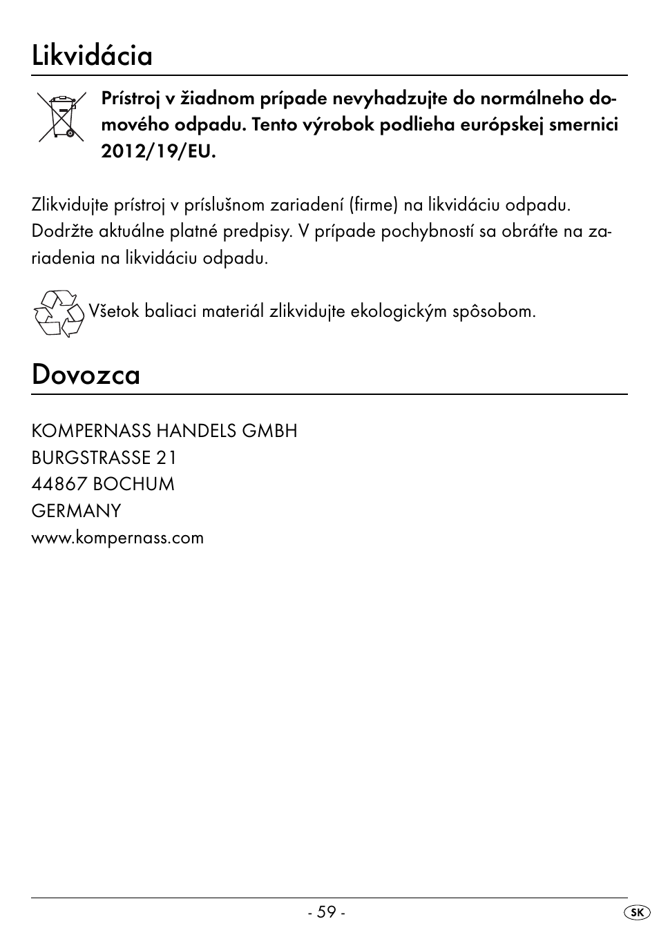 Likvidácia, Dovozca | Silvercrest SEAS 20 A1 User Manual | Page 62 / 74