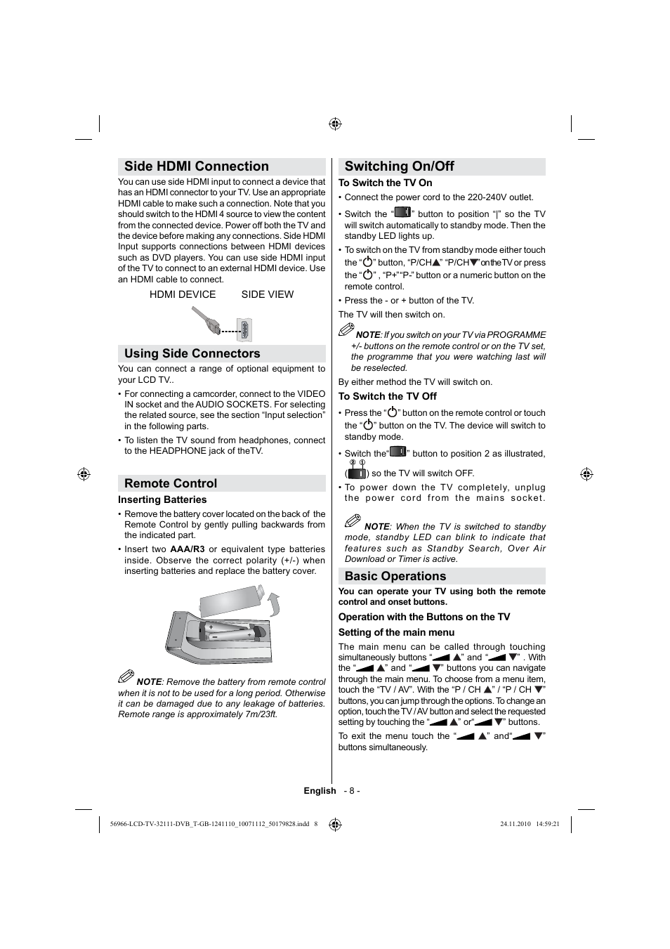 Switching on/off, Side hdmi connection, Basic operations | Using side connectors, Remote control | Silvercrest LCD-TV 32111 User Manual | Page 10 / 33