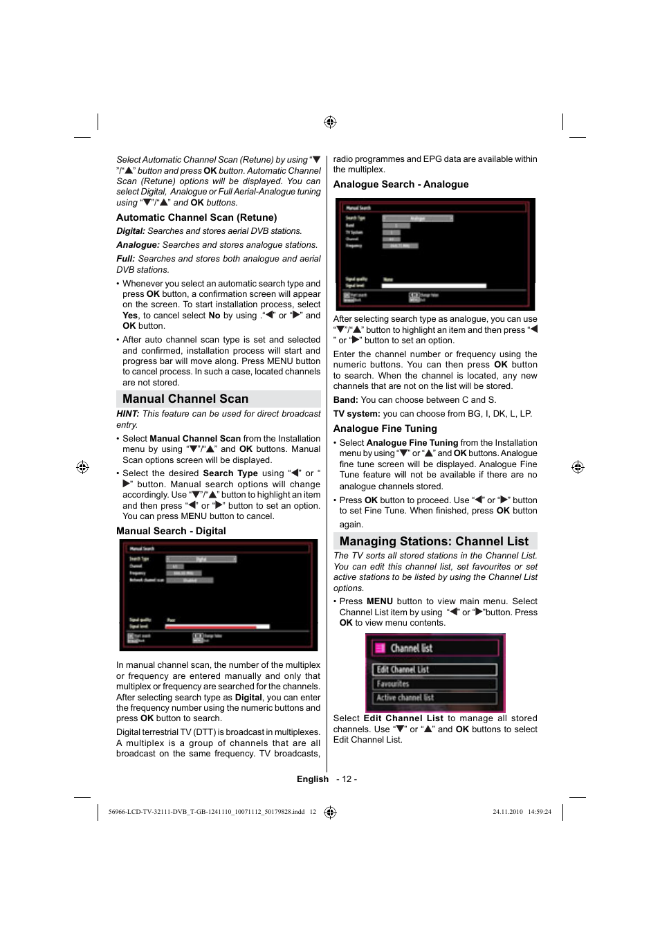 Manual channel scan, Managing stations: channel list | Silvercrest LCD-TV 32111 User Manual | Page 14 / 33