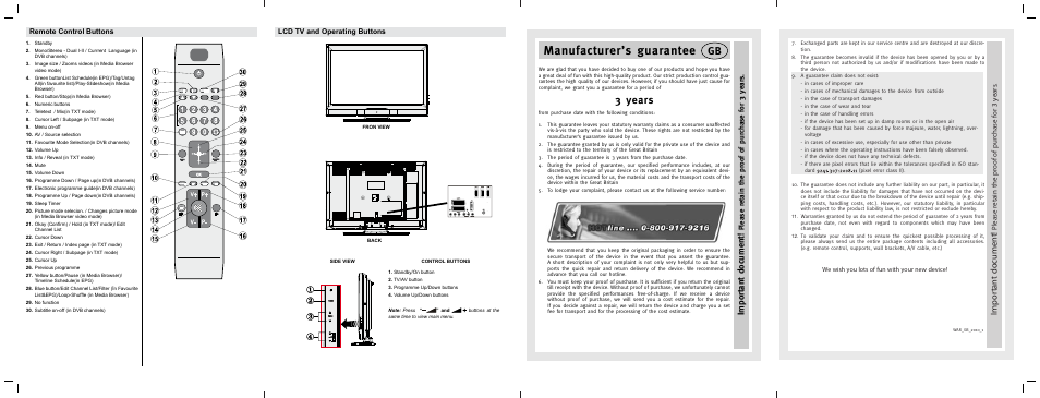 Manufacturer’s guarantee, 3 years, Important document | Please retain the proof of purchase for 3 years, Remote control buttons, Lcd tv and operating buttons, We wish you lots of fun with your new device | Silvercrest LCD-TV 32111 User Manual | Page 2 / 33