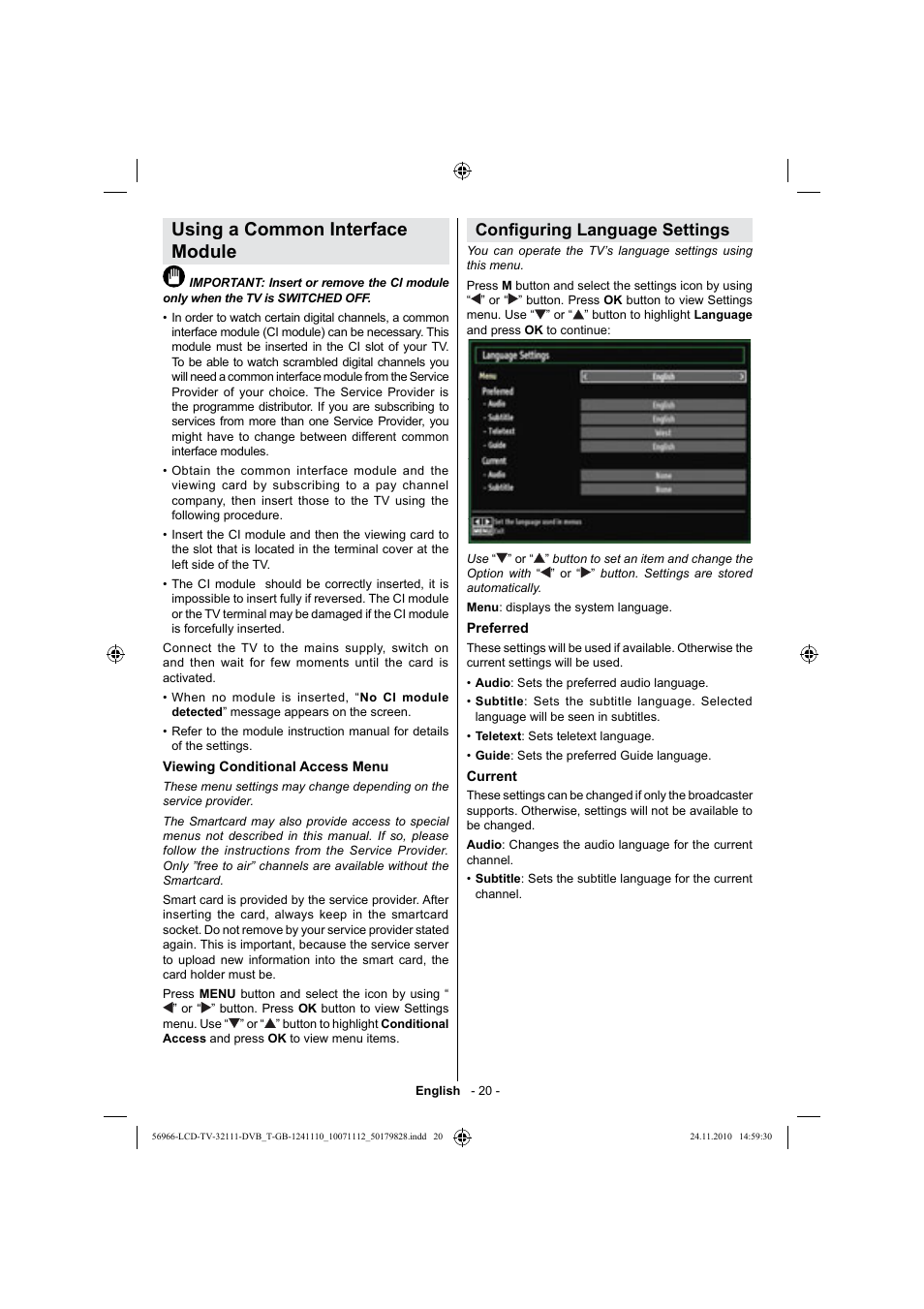 Using a common interface module, Con guring language settings | Silvercrest LCD-TV 32111 User Manual | Page 22 / 33