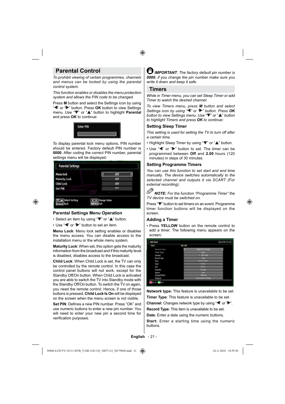 Parental control, Timers | Silvercrest LCD-TV 32111 User Manual | Page 23 / 33