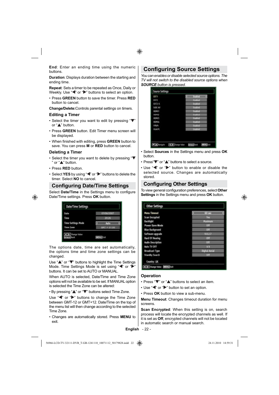 Con guring source settings, Con guring date/time settings, Con guring other settings | Silvercrest LCD-TV 32111 User Manual | Page 24 / 33