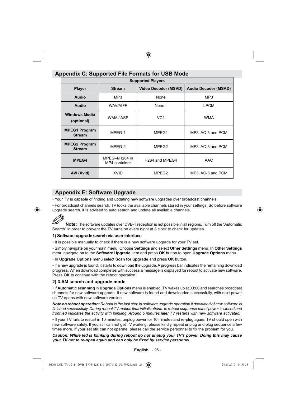 Appendix c: supported file formats for usb mode, Appendix e: software upgrade | Silvercrest LCD-TV 32111 User Manual | Page 28 / 33