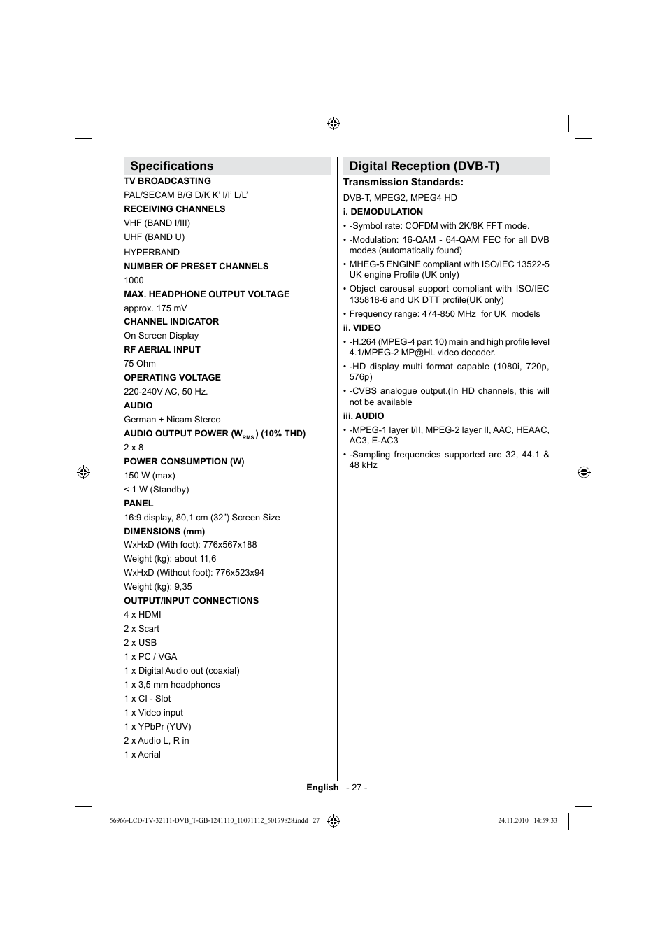 Speci cations, Digital reception (dvb-t) | Silvercrest LCD-TV 32111 User Manual | Page 29 / 33