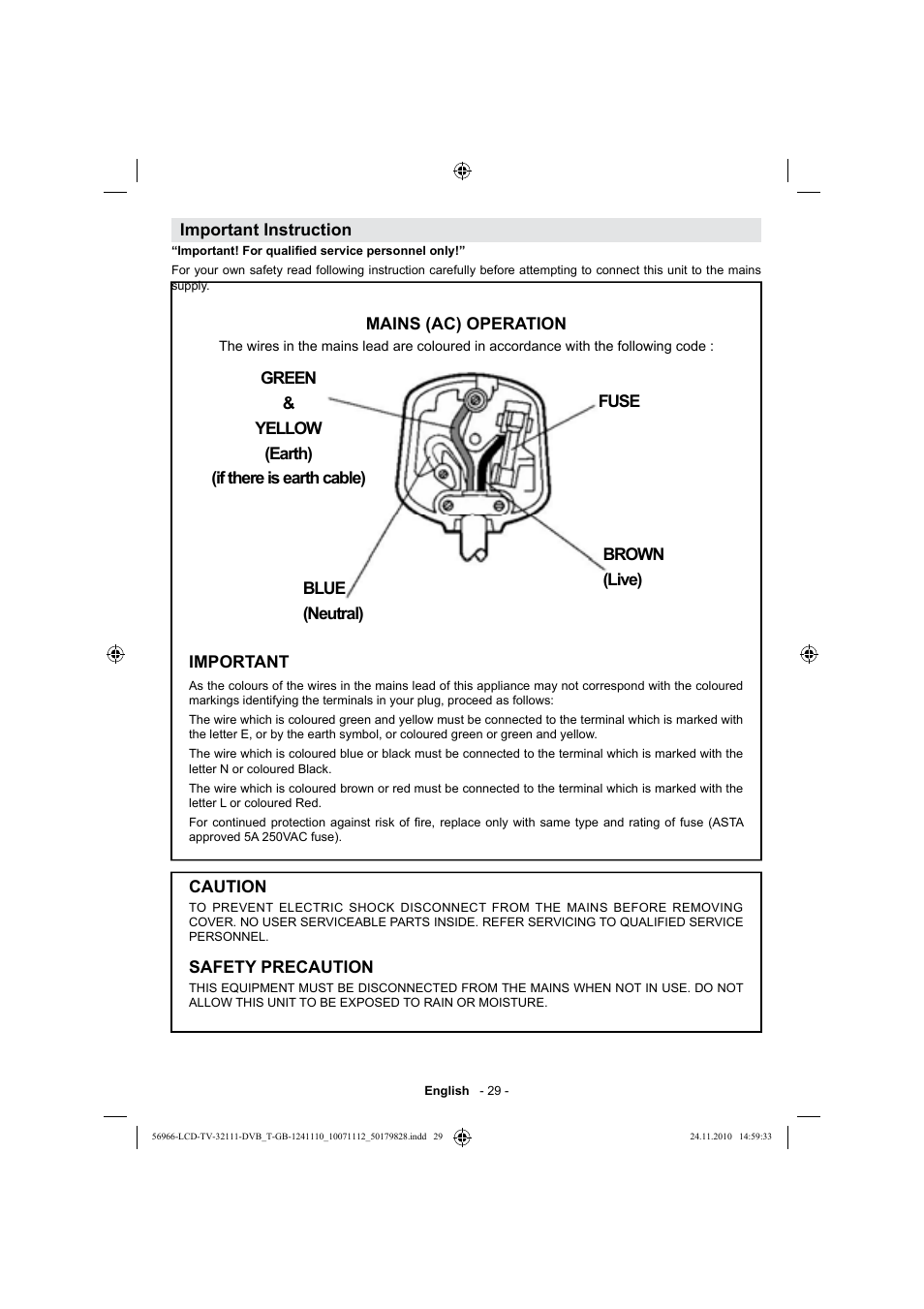 Important instruction, Mains (ac) operation, Important | Caution, Safety precaution | Silvercrest LCD-TV 32111 User Manual | Page 31 / 33