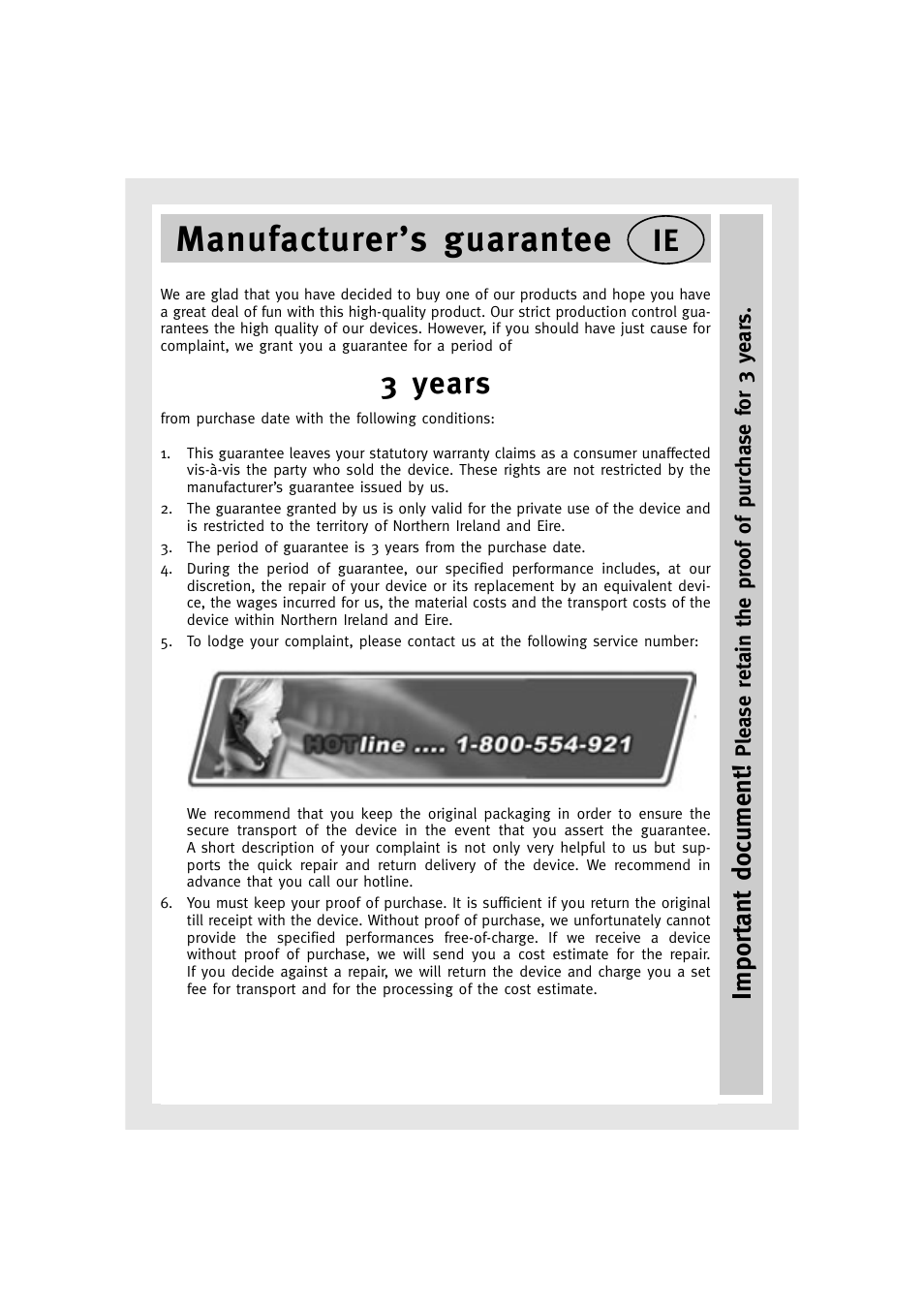 Manufacturer’s guarantee, 3 years, Important document | Please retain the proof of purchase for 3 years | Silvercrest LCD-TV 32111 User Manual | Page 32 / 33