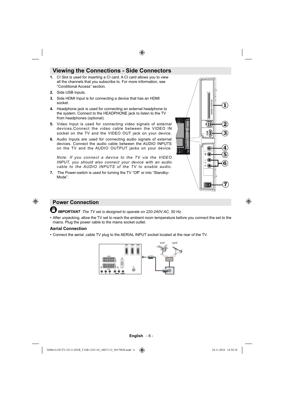 Viewing the connections - side connectors, Power connection | Silvercrest LCD-TV 32111 User Manual | Page 8 / 33