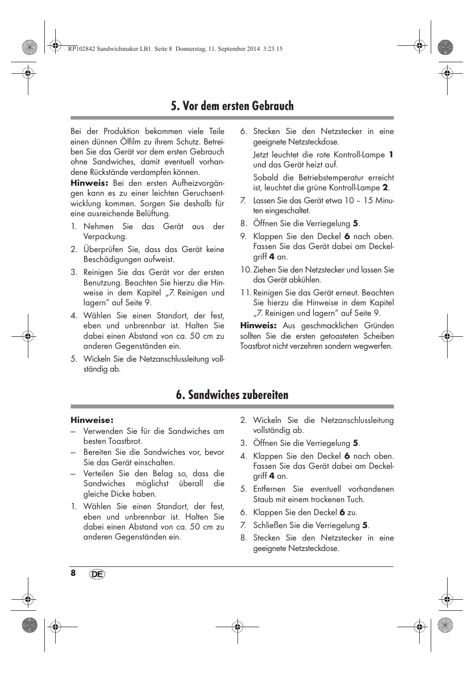 Vor dem ersten gebrauch, Sandwiches zubereiten | Silvercrest SSWM 1400 A1 User Manual | Page 10 / 50
