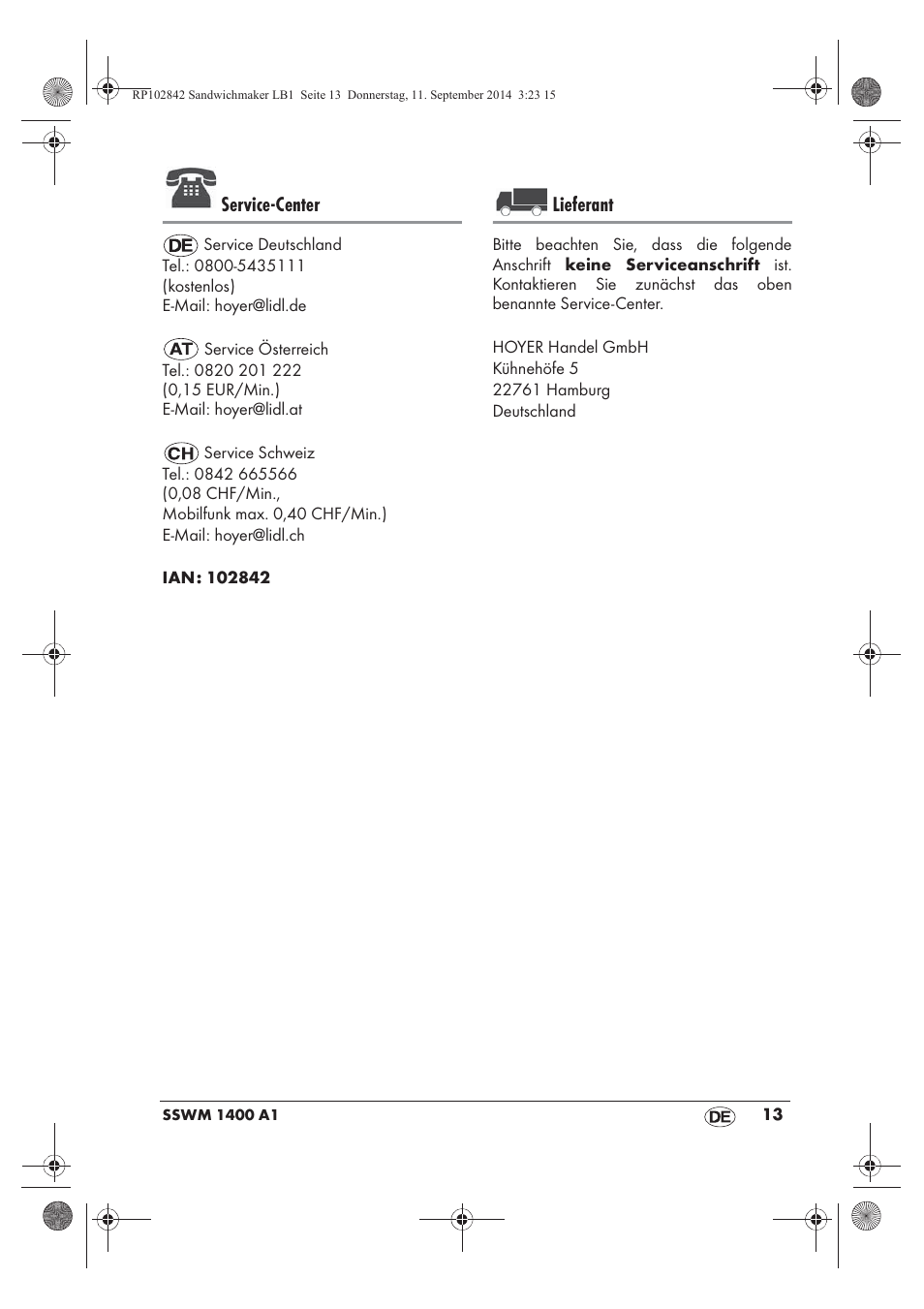 Service-center, Lieferant | Silvercrest SSWM 1400 A1 User Manual | Page 15 / 50
