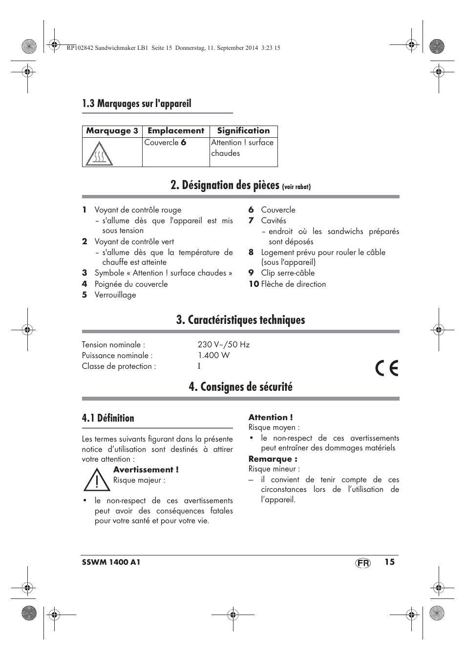 Désignation des pièces, Caractéristiques techniques, Consignes de sécurité | 3 marquages sur l'appareil, 1 définition | Silvercrest SSWM 1400 A1 User Manual | Page 17 / 50
