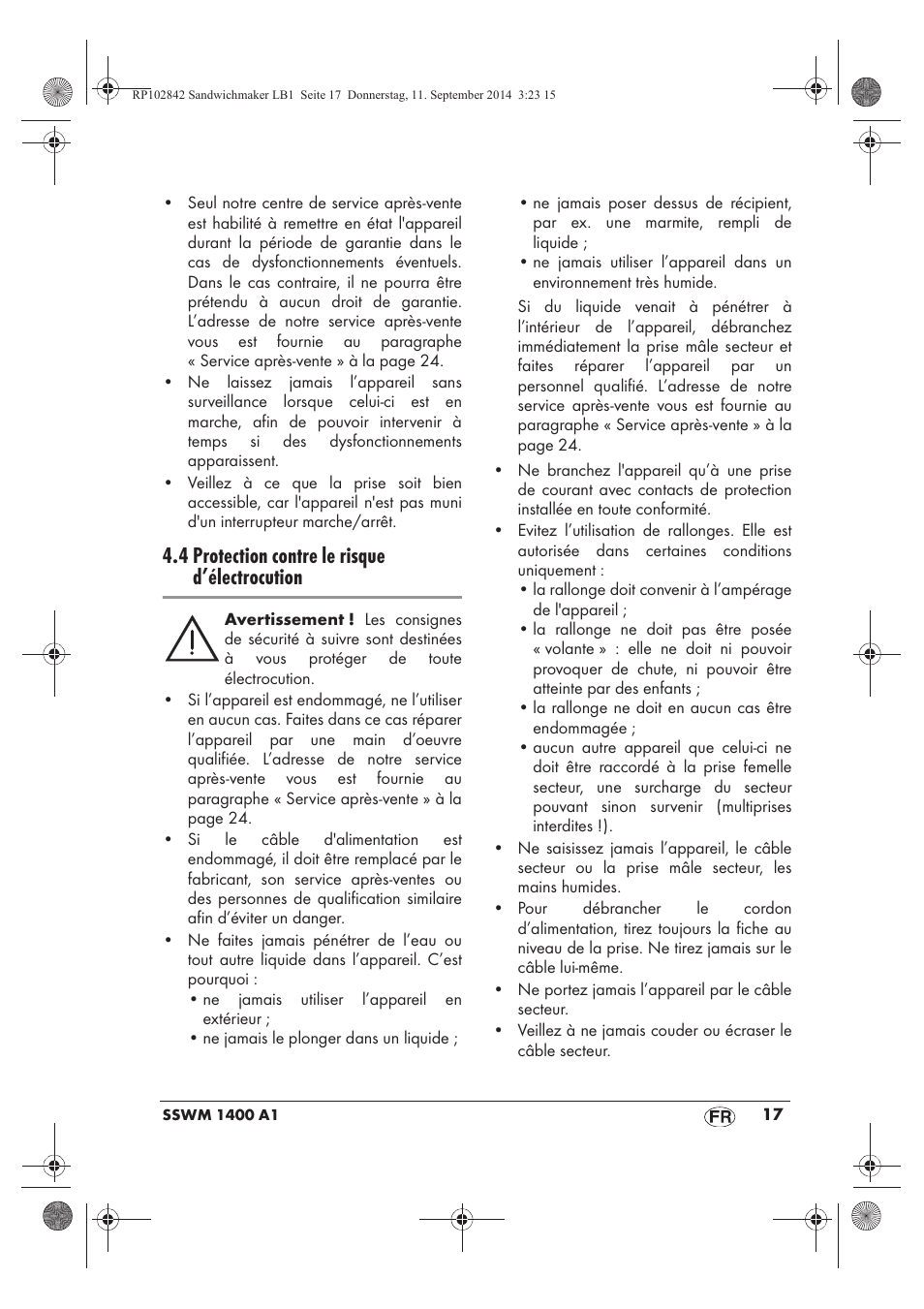 4 protection contre le risque d’électrocution | Silvercrest SSWM 1400 A1 User Manual | Page 19 / 50