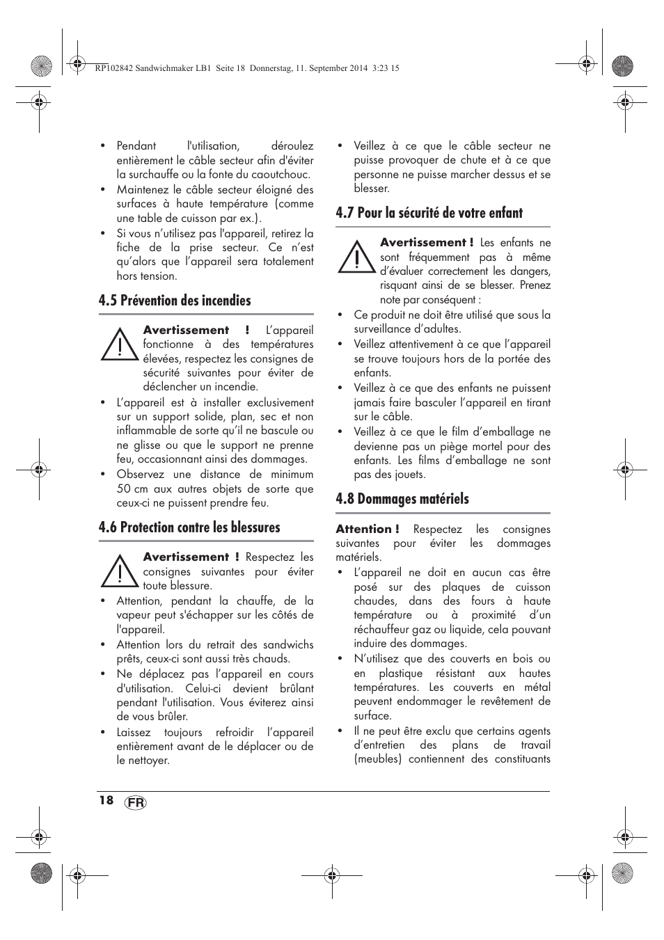 5 prévention des incendies, 6 protection contre les blessures, 7 pour la sécurité de votre enfant | 8 dommages matériels | Silvercrest SSWM 1400 A1 User Manual | Page 20 / 50