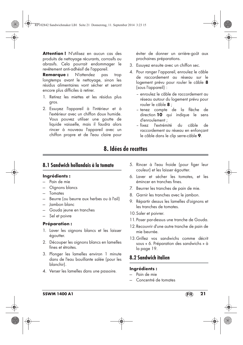 Idées de recettes, 1 sandwich hollandais à la tomate, 2 sandwich italien | Silvercrest SSWM 1400 A1 User Manual | Page 23 / 50