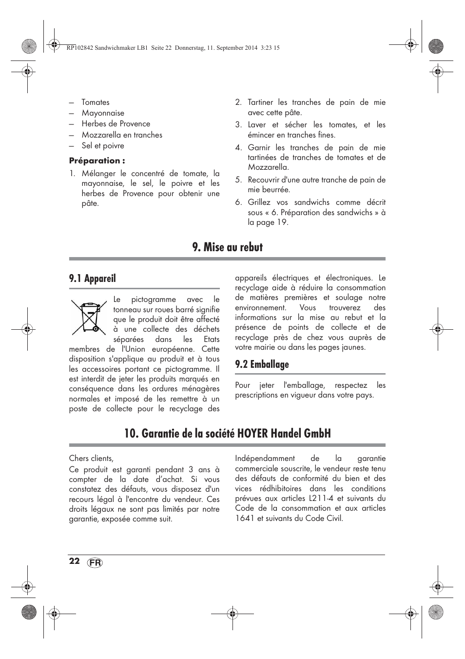 Mise au rebut, Garantie de la société hoyer handel gmbh, 1 appareil | 2 emballage | Silvercrest SSWM 1400 A1 User Manual | Page 24 / 50