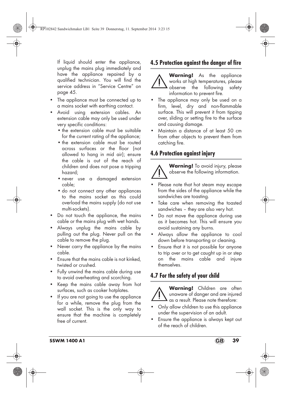 5 protection against the danger of fire, 6 protection against injury, 7 for the safety of your child | Silvercrest SSWM 1400 A1 User Manual | Page 41 / 50
