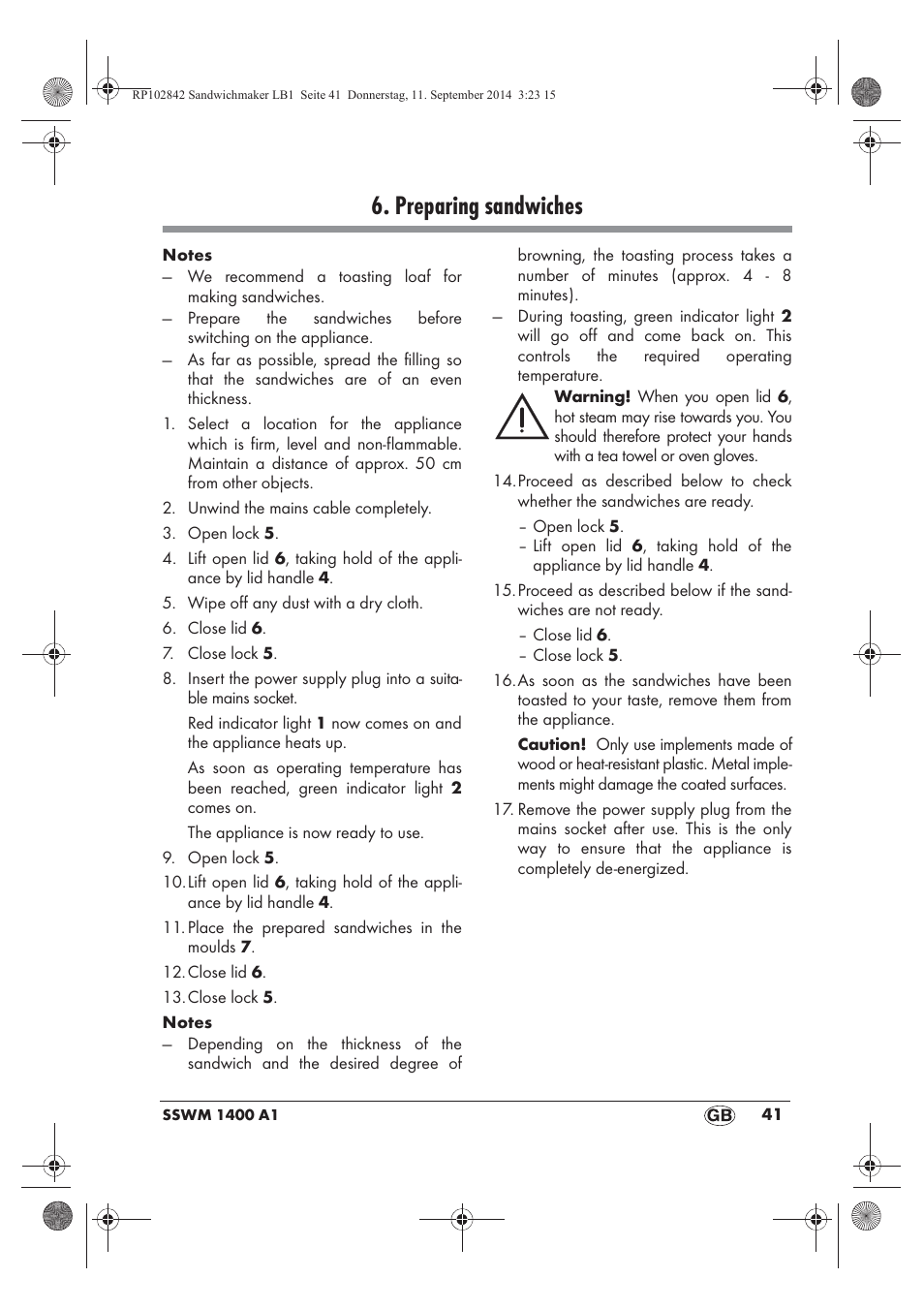 Preparing sandwiches | Silvercrest SSWM 1400 A1 User Manual | Page 43 / 50