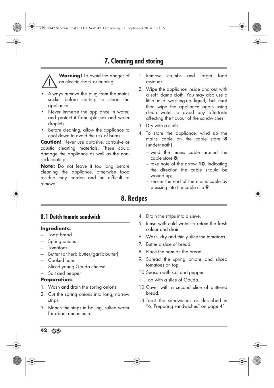 Cleaning and storing, Recipes, 1 dutch tomato sandwich | Silvercrest SSWM 1400 A1 User Manual | Page 44 / 50
