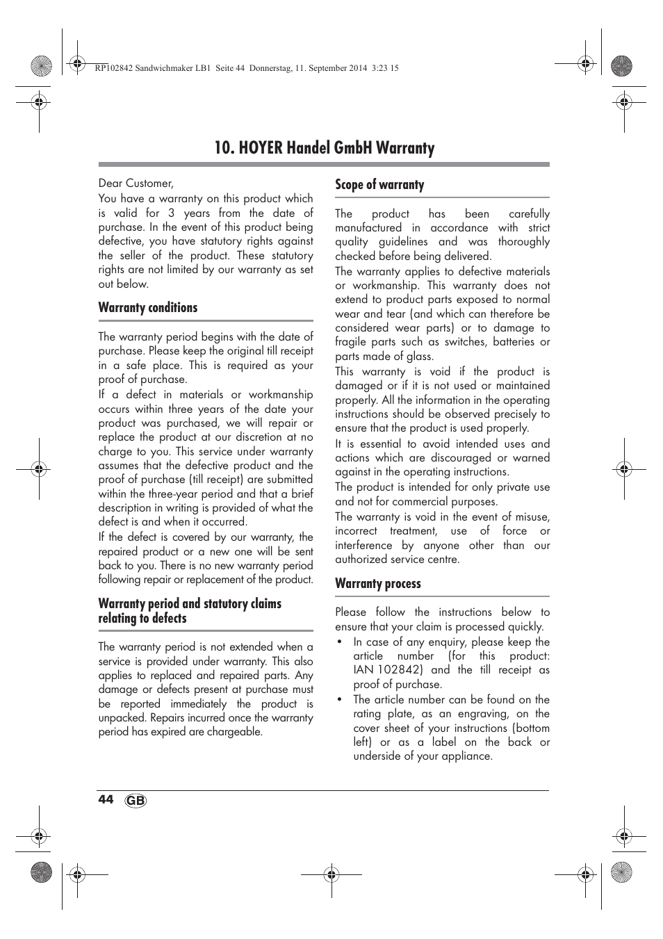 Hoyer handel gmbh warranty | Silvercrest SSWM 1400 A1 User Manual | Page 46 / 50