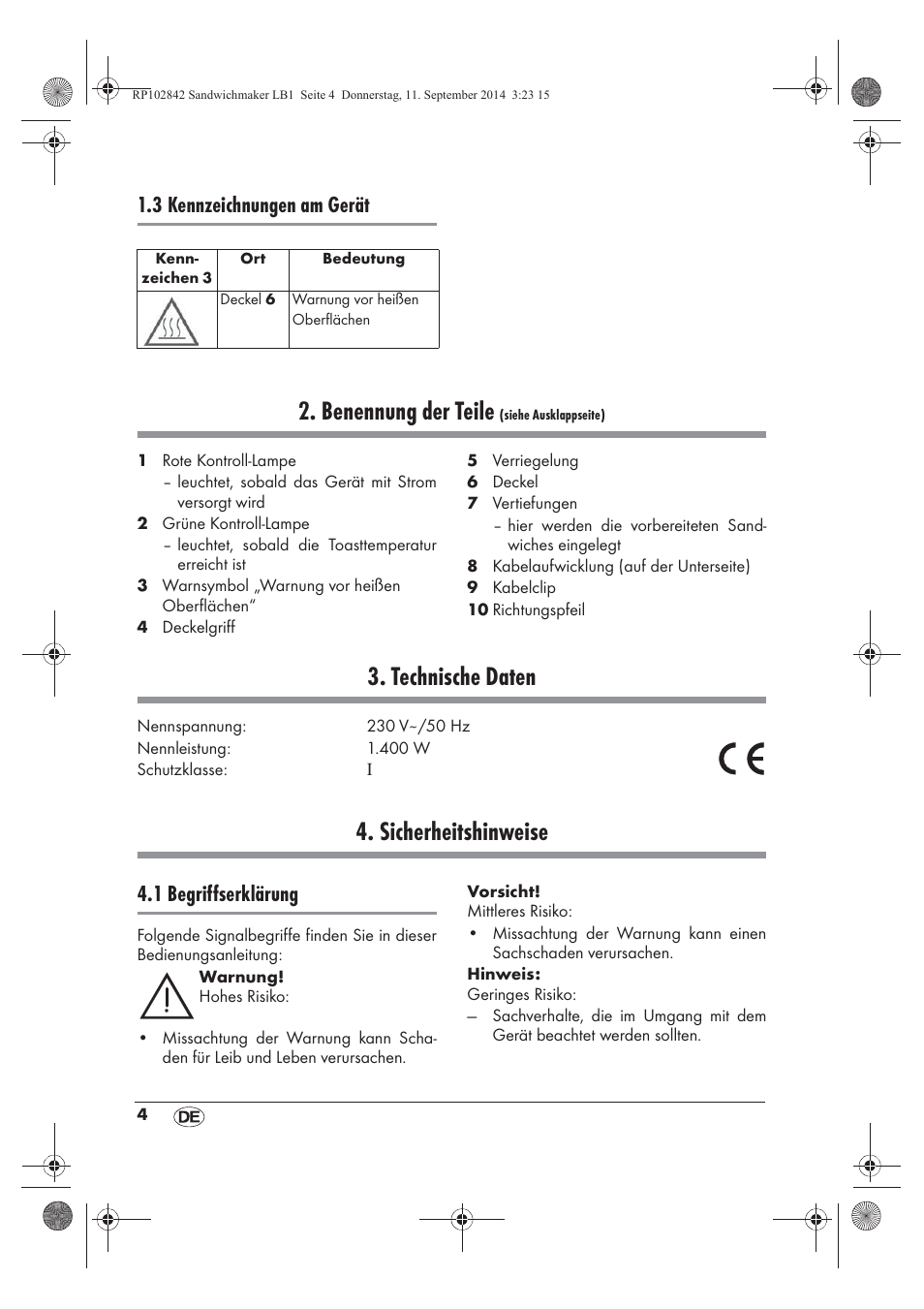 Benennung der teile, Technische daten, Sicherheitshinweise | 3 kennzeichnungen am gerät, 1 begriffserklärung | Silvercrest SSWM 1400 A1 User Manual | Page 6 / 50