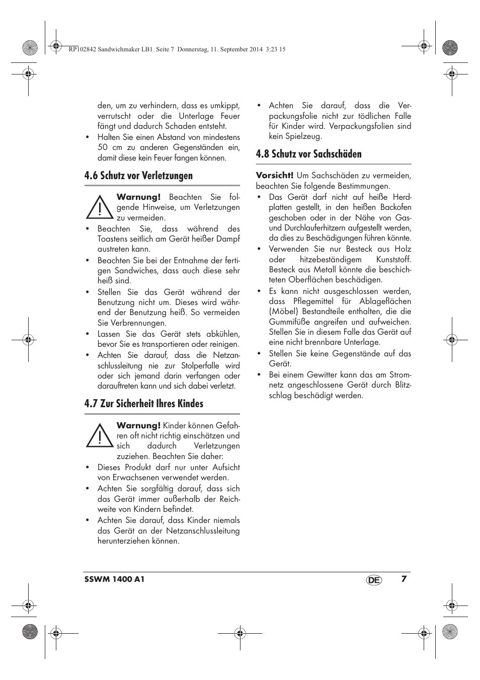 6 schutz vor verletzungen, 7 zur sicherheit ihres kindes, 8 schutz vor sachschäden | Silvercrest SSWM 1400 A1 User Manual | Page 9 / 50
